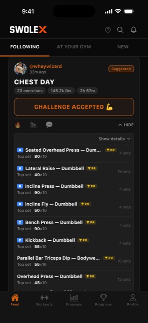 SwoleX feed with a workout card and set list expanded