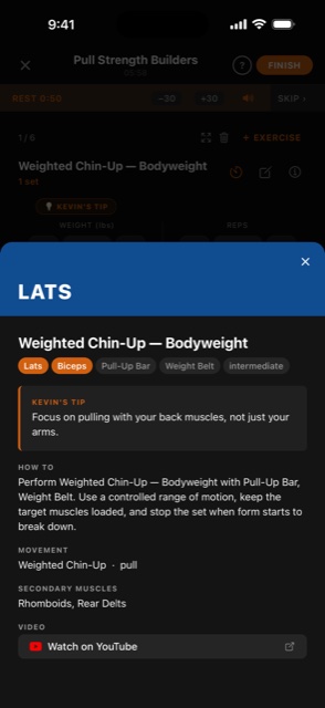 Exercise detail showing Kevin's Tip, muscles worked, and a YouTube link