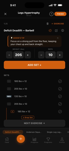 Active workout screen with Kevin's form tip, big weight/rep steppers, logged sets, and a drop-set indicator