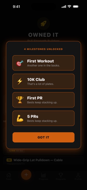 Milestones unlocked screen showing First Workout, 10K Club, First PR, 5 PRs
