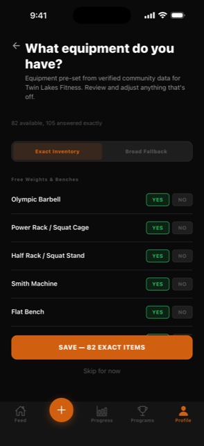 Equipment inventory showing 82 exact items at Twin Lakes Fitness