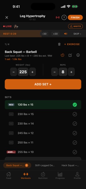 Active workout screen with the LIVE bar showing the session leader and an INVITE button
