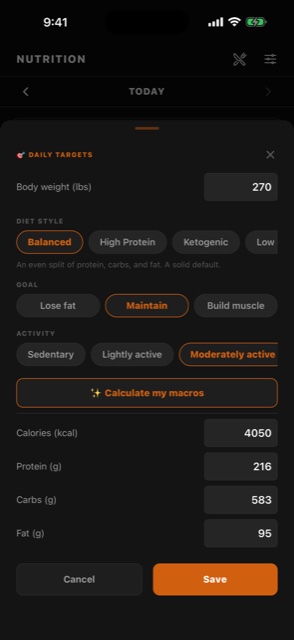 Daily Targets sheet with diet style options, goal, activity level, and calculated calories, protein, carbs, and fat