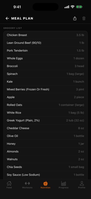 Grocery list with items aggregated into shopping units such as 3.5 lb chicken breast, 1 dozen eggs, and 3 pint mixed berries